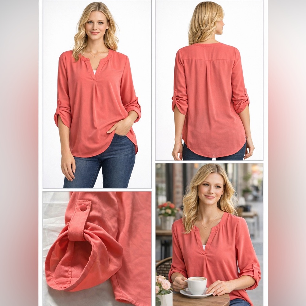 Chaus Coral Pink Blouse Women’s Roll Tab Sleeve High Low Hem Lightweight Top - Picture 1 of 10
